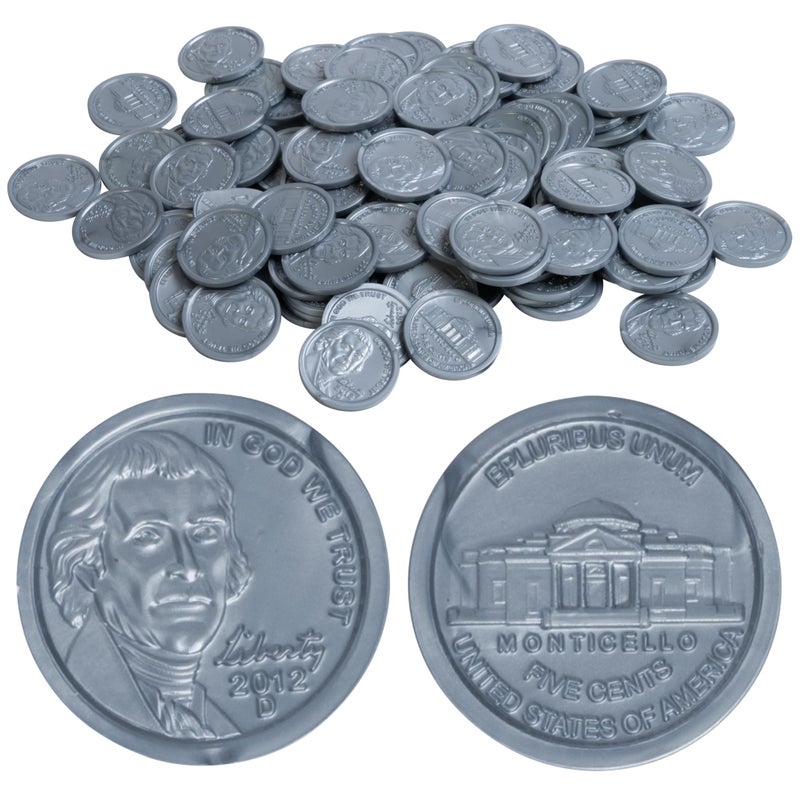 LEARNING ADVANTAGE-7522 Play Nickels - Set of 100 Plastic Coins - Designed and Sized Like Real US Currency - Teach Money Math With This Pretend Play Resource - Image 1